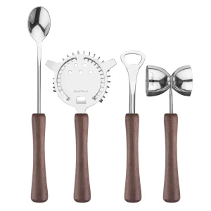 4 Piece Bar Tool Set with Stand - Wood Handles