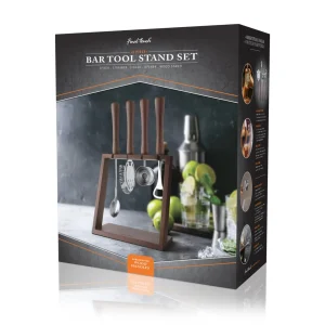 4 Piece Bar Tool Set with Stand - Wood Handles